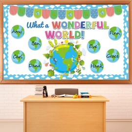 Earth Bulletin Board Set What A Wonderful World Classroom Bulletin Board Decorations Earth Name Tag Cutouts Classroom Decorations for Back to School Teachers Office Chalkboard Decor Wall Door Supplies
