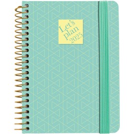 Grafoplás | Weekly View 2025 a6 Annual Diary | Geometric Turquoise | Spanish | Spiral | Hardcover Plasticized Soft Touch | Elastic Closure | January to December | Includes Stickers | FSC