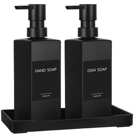 GMISUN Kitchen Soap Dispenser Set, Hand and Dish Soap Dispensers, 12 fl oz/350 ml Black Soap Dispenser with Tray, Glass Dish Dispenser for Kitchen, Liquid Hand Soap and Lotion Bottle Set for Bathroom