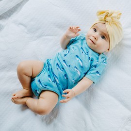 Organic Cotton Summer Short-Sleeve Onesie - Watercolour Whale Pods in Aquatic Blue, 12-24 MTHS