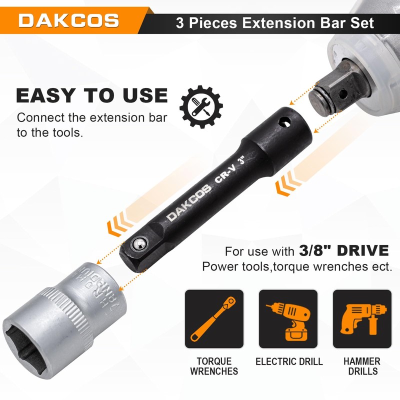 DAKCOS 3/8" Impact Extension Bar Set, 3 Piece Socket Extension