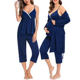SWOMOG Maternity Nursing Robe Set 3 PCS Breastfeeding Pajamas Set 3 in 1 Labor Delivery Pregnancy Pjs Capri Pants
