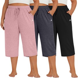 Neer 3 Pack Women's Plus Size Capris, Cotton Wide Leg Pants Casual Drawstring Capri Sweatpants Drawstring Pants with Pockets(Black, Dark Mixed Gray, Pink,5X-Large)