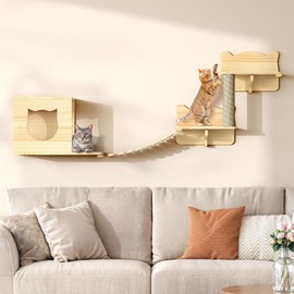 Homiflex Cat Wall Shelves, Cat Wall Furniture Pine Wooden Feline Shelf, 5 Piece Shelves and Perches with Bed, House, Steps, Bridge Ladder and Scratching Post