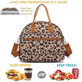 FlowFly Insulated Lunch Bag with Adjustable & Removable Shoulder Strap for Women, Men, and Kids, Large and Reusable, Handle, Work and School Travel Tote and Meal Prep Organizer,Leopard
