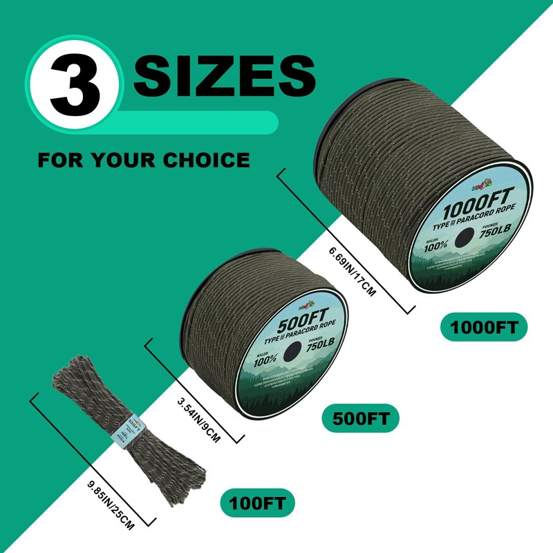 Wedotu-750LB Rope-100ft/500ft/1000ft-4MM-9 Strand Parachute Spool Cord Ideal for Military Nylon