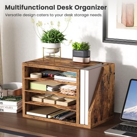 Creso hom File Organizer Desktop, Wood Desk Organizer with 3 Adjustable Shelves, Mail Paper Sorter for Office, Home, File Holders for Envelopes, Mail Supplies or Magazines, Rustic Brown