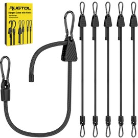 Bungee Cords with Hooks, Upgrade 60cm Adjustable Bungee Cords with Carabiner Hooks, Easy to Adjust from 18 to 60 cm Black Elastic Bungee Straps with Clips Heavy Duty for Bike, Cargo, Tarps, 6 Pack