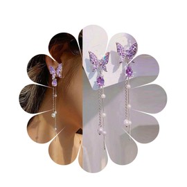 Cimenexe Bohemian Purple Crystal Butterfly Earrings Silver Pearl Tassel Chain Drop Earrings Cz Teardrop Dangle Earrings Rhinestone Butterfly Stud Earrings Jewelry for Women and Girls Gifts