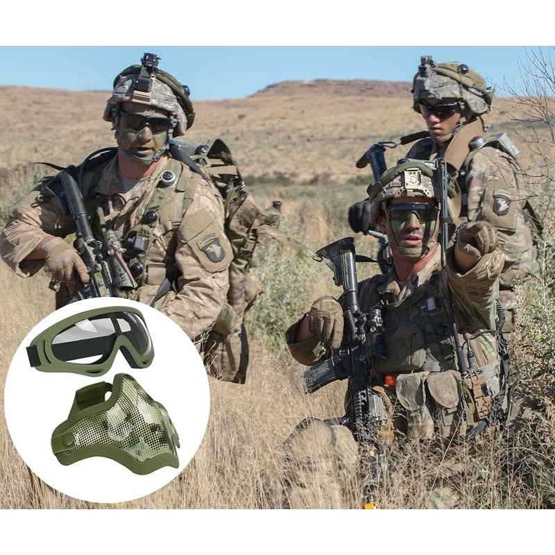 AOUTACC Airsoft Mask and Goggles Set, Full Steel Mesh Half