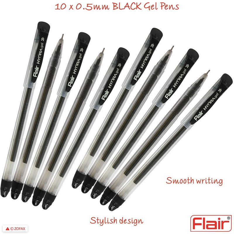 FLAIR Hydra 10 x 0.5mm Tip BLACK Gel Pens Easy
