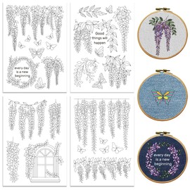 peacoblue Water Soluble Embroidery Patterns for Beginners 4 Sheets Wisteria Vines and Butterflies with 19pcs Patterns, Wash Away Stick and Stitch Dissolvable Embroidery Paper for Hand Sewing Lovers