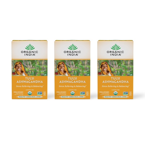Organic India Tulsi Ashwagandha Herbal Tea - Holy Basil, Stress Relieving & Balancing, Immune Support, Adaptogen, Vegan, USDA Certified Organic, Caffeine-Free - 18 Infusion Bags, 3 Pack