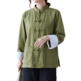 HHHH Women's Kung Fu Jacket Frog Button Mandarin Collar Loose Fit Blouse Chinese Tang Shirt Tai Chi Training Uniform (L, 60# Green)