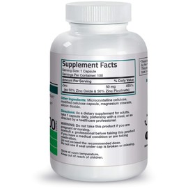 Bronson Zinc 50mg Complex, 100 Vegetarian Capsules - High Potency Immune Support, Antioxidant Protection, Skin Health