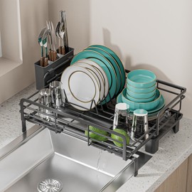 Dish Drying Rack - Extendable Small Dish Rack for Kitchen Counter, Rustproof Dish Drainers with Utensil Holder, Perfect for Apartments, RVs and Small Spaces