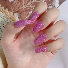Mkwntg Pink Glitter Press on Nails Medium Square Shape Coffin Fake Nails Solid Color Design Ballerina False Nails Shiny Sugar Powder Full Cover Glue on Nails for Women Girls DIY Manicure Art 24Pcs