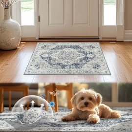 TOPICK Doormat Washable Door Mat Indoor Short Pile Retro Grey Flower Oriental Rug 60 x 90 cm Antibacterial Foldable Non-Slip Thin Door Mat for Front Door Entrance Kitchen Hallway Bedroom