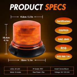 Yuanjoy LED Beacon, 12V/24V Yellow Warning Light with Magnet for Car Forklift Tractor Golf Cart UTV Trailer SUV J-eep Flash Light