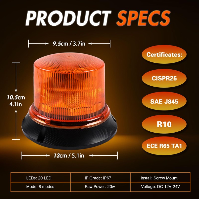 Yuanjoy LED Beacon, 12V/24V Yellow Warning Light with Magnet for