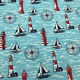 Kt KILOtela Canvas Fabric Sold by the Metre Digital Print Width 280 cm Length 50 in 50 cm Sailors Sailing Boats Lighthouses Blue Red White