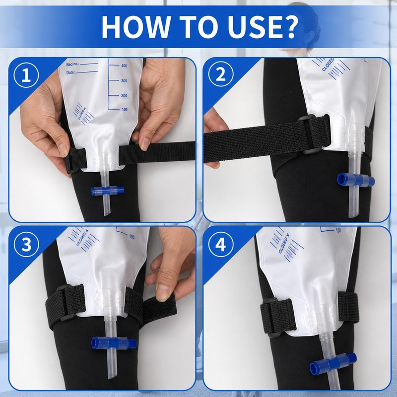 4 Packs Leg Bag Straps(Black), Buckle-Type Hook and Loop Strap,Urine