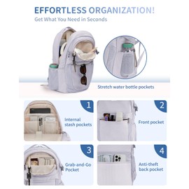 ECOHUB Travel Backpack for Women, 17.3 inch Suspended Laptop Backpack, Fashion Water-Resistant College Computer Bookbag, 28L Personal Item Bag with 12 Pockets for Causal, Work, Grey