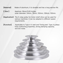 CNBTR 16mm Bore 54mm-150mm Outter Dia Aluminum 5 Slot A Type Pulley 5 Step Pulley Belt 12.7mm Belt Width