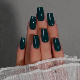 KQueenest Dark Green Press On Nails Medium Long Square - Acrylic Press On Nails with Glue, Coffin Fake Nails Press ons, Glossy Opaque Emerald, Reusable Soft Gel Glue on Nails for Women, 24 Pcs