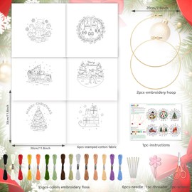 INFUNLY 6 PCS Christmas Embroidery Kits for Beginners DIY Cross Stitch Starter Sets with Instructions Snowman Deer Pattern Christmas Tree Gifts Needlepoint Kits with Embroidery Cloth Hoops Tools