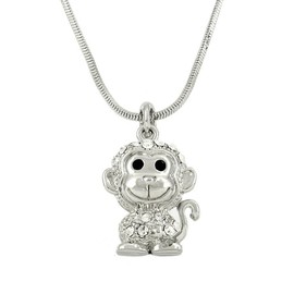 Falari Monkey Pendant Necklace Rhinestone Crystal Rhodium High Polished J0005