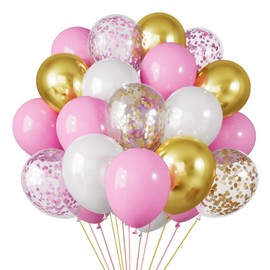 RUBFAC 65pcs 12 Inch Pink Balloons Kit, Pink White Gold Confetti Party Balloons with Ribbons for Valentine's Day, Birthday, Wedding, Baby Shower, Graduation Decorations