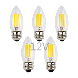 OPALRAY 12V Low Voltage LED Bulb, 6W Dimmable with 12V DC Dimmer, 2700K Warm White Light, E26 Medium Base, Clear Glass Torpedo Tip, 600Lm 60W Incandescent Equivalent, 12-24 Volt DC Operated, 5-Pack