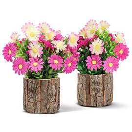 AceList Artificial Flowers Fake Daisy for Decoration, Small Potted Plants in Log Planters, Pink Daisies Table Centerpieces for Mothers Day Home Bedroom Farmhouse Rustic Decor Set of 2, Magenta