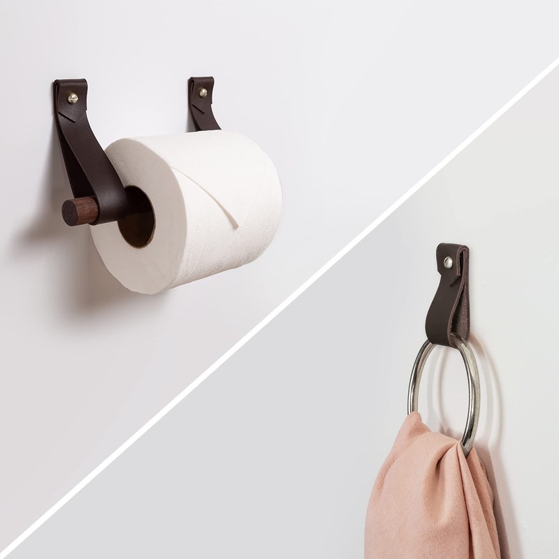Keyaiira Leather & Wood Toilet Paper Holder + Hand Towel