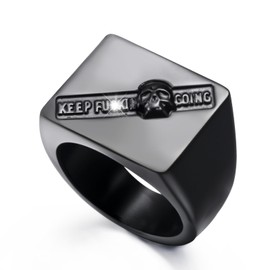 ELFASIO Keep Going Skull Rings for Mens, Square Signet Ring for Dad Father Jewelry Gift for Him, Black Stainless Steel Gothic Punk Skeleton Men's Biker Ring Size 9