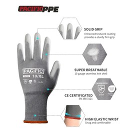 PACIFIC Work Gloves for Men and Women, Touchscreen Working Gloves, 18 Pairs Bulk Pack Mechanic Gloves, PU Coated, Mens Gardening Gloves, Lightweight, Grey, X-Large