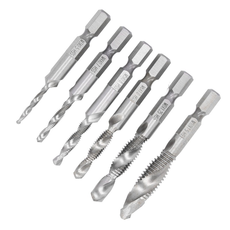 6PCS Hex Shank Combination Drill Tap 3 in 1 HSS