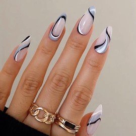 Sethexy Abstract Almond Shape False Nails, French Press On Nails, Swirl Fingernails Pack of 24, Acrylic Nails for Women and Girls