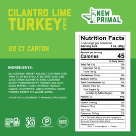 New Primal Cilantro Lime Turkey Sticks, Keto, Gluten Free Healthy Snacks for Adults, Sugar Free Low Carb High Protein, Paleo Whole30 Jerky Meat Stick, 7g Protein, 45 Calories, 1oz (Pack of 20)