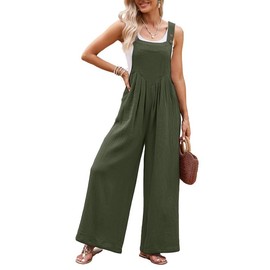 Dokotoo Womens Casual Loose Overalls One Piece Sleeveless Jumpsuits for Women Stretchy Wide Leg Loose Fit Adjustable Straps Long Pant Rompers Jumpsuit with Pockets Small Jungle Green