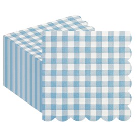 50PCS Blue Scalloped Gingham Paper Napkins - Light Blue and White Striped Luncheon Napkin, Checkered Dessert Napkins, Disposable Decorations Supplies for Birthday Baby Shower Wedding Party