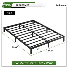 EMODA 6 Inch King Bed Frame No Box Spring Needed, Heavy Duty Metal Platform with Steel Slats, Noise Free, Easy Assembly, Black
