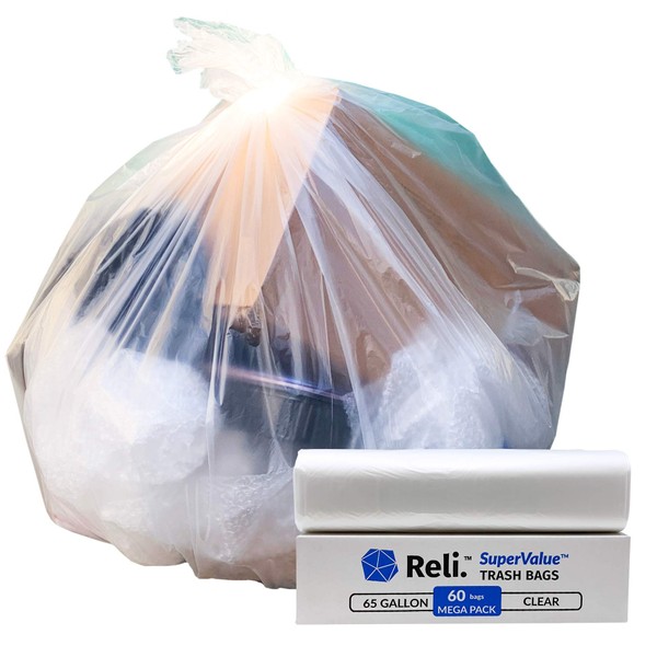 Reli. SuperValue 65 Gallon Trash Bags | 60 Count | Made in USA | Heavy Duty | Clear Multi-Use Garbage Bags