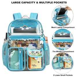 Kouxunt Clear Backpack for Boys Girls Men Women, Heavy Duty PVC See Through Transparen Backpacks for School, Stadium, Concert (Sky Blue)