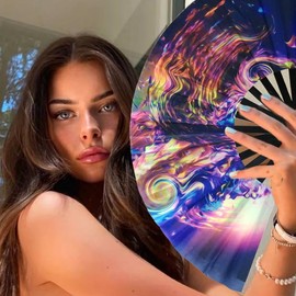 ffscafscn Folding Fan UV Glow Rave Bamboo Summer Hand Fan Cosmos Decoration Dancing Party Wedding Night Club Concert Festival Large (Multicoloured-24, M)