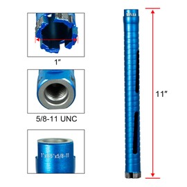 SALI Diamond Core Drill Bits 1" Diameter 10"/254mm Drilling Depth 5/8-11" Thread Core Bit Turbo Laser-Welded Segments for Cured Concrete with, Brick, Block, Masonry, with Two Adapters