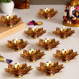 TIED RIBBONS Set of 10 Lotus Shape Brass Diyas for Pooja Home Decorations, Mandir, Temple | Decorative Flower Metal Diya Oil Lamp | Indian Pooja Ganesh Chaturthi | Diwali Decorations for Home