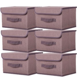 NCRGB Pack of 6 Fabric Foldable Storage Boxes with Lid, 26 x 19 x 16 cm, Fabric Storage Container with Lid, Wardrobe Organiser for Clothes Storage, Room Organisation, Brown