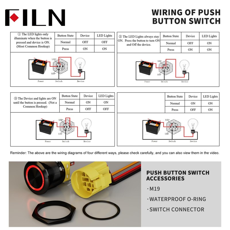 FILN 2PCS 19mm (3/4'') Momentary Push Button Switch 12V 24VDC